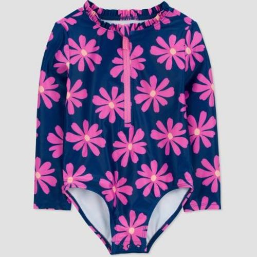 Carter's Just One You®️ Baby Girls' Long Sleeve Floral Printed One Piece Rash Guard - Pink/Navy Blue 12M: UPF 50+, Elastic Leg Openings