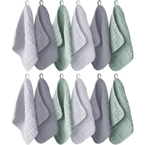 12 Pack Muslin Washcloths for Baby - 100% Cotton Baby Wash Cloths for or Baby Face Body Comfy and Soft for Newborn Infants Kids Girls and Boys - 12"x12" - Grey, Green and Slate