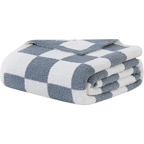bearberry Fuzzy Checkerboard Grid Throw Blanket Knitted Soft Cozy Warm Microfiber Blanket Decor for Couch Sofa Bed Travel Home (Charcoal Grey, 50''x60'')