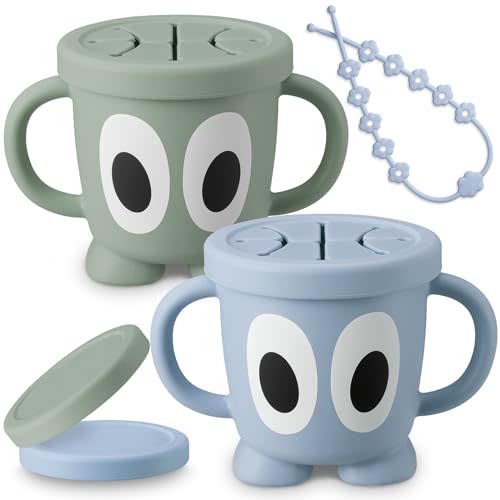 Jkevow Silicone Snack Cups Food Container for Toddlers and Babies, Spill Proof Training Cup with Snack Cup Lid & Dust Proof Lid, Comes with a toy strap, Without BPA, Lead, or Phthalates (Ether & Sage)