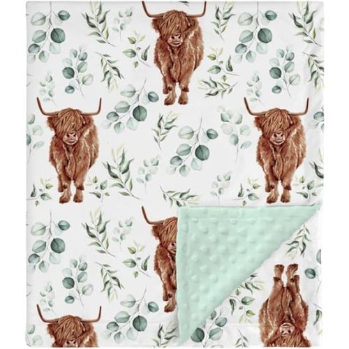 Highland Cow Eucalyptus Leaf Mink Baby Blanket Dotted Backing Boy Girl Gift, Western Farm Animal Yak Double Layer Flannel Nursery Bed Blankets, Soft Plush Newborn Infant Toddler Crib Bedding 30 x 40