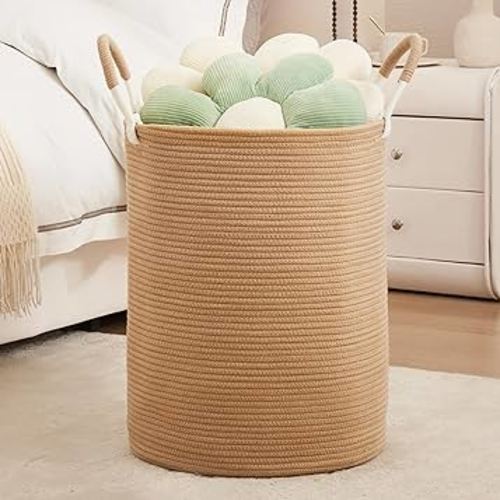 Laundry Basket Woven Rope Hamper, 60L Tall Clothes Hamper, Blanket Basket in Living Room, Baby Nursery Kids Hamper in Bedroom, Jute