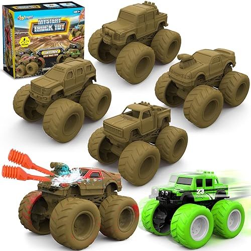 Monster Truck Toys for 3, 4, 5, 6, 7 Year Old Kids, Wash to Reveal Monster Trucks for Toddlers, 4 Pack Toy Trucks with Realistic Mud Paint, Ideal Birthday for Boys Grils 3-5 6-8