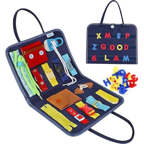 Esjay Toddler Busy Board, Sensory Board for Fine Motor Skill, Montessori Toys Educational Learning Toddler Activities for 3+ Year Old, Travel Car Airplane Toys Gifts for Boys Girls,Blue Alphabet