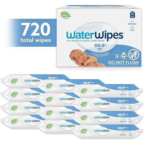 WaterWipes Plastic-Free Original Baby Wipes, 99.9% Water Based Wipes, Unscented & Hypoallergenic for Sensitive Skin, 60 Count (Pack of 12), Packaging May Vary
