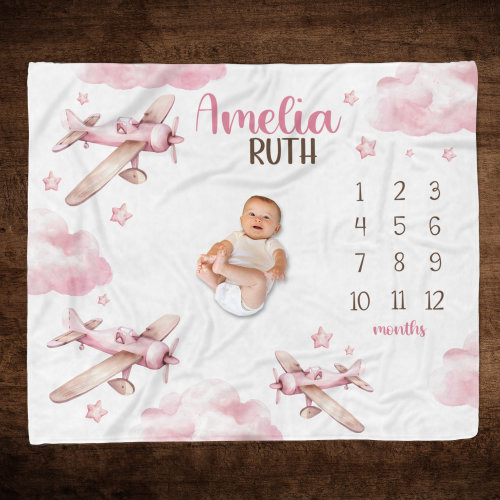 PINK AIRPLANE MILESTONE Blanket, Personalized Baby Girl Airplane Blanket, Baby Growth Blanket, Aviation Baby Girl Gift, Monthly Baby Blanket