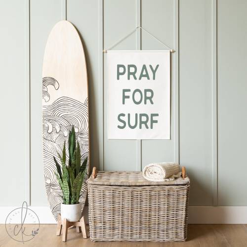 Pray for Surf Canvas Sign | Coastal Wall Art for Surfing Lovers | Ocean Decor for Beach House, Coastal Bedroom, or Nursery | 28