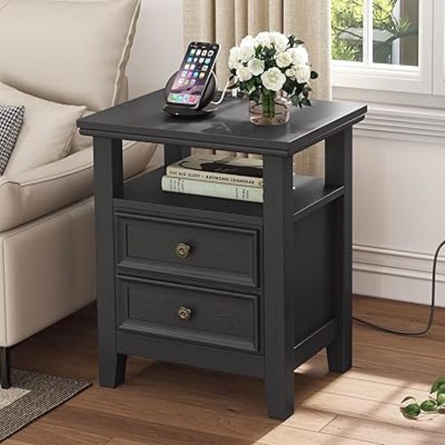 Black Nightstand with Charge Station, Wooden Sofa End Sid Table with 2 Drawers & Storage Shelf,Bed Side Table with USB Ports & Outlets for Bedroom, Home Office