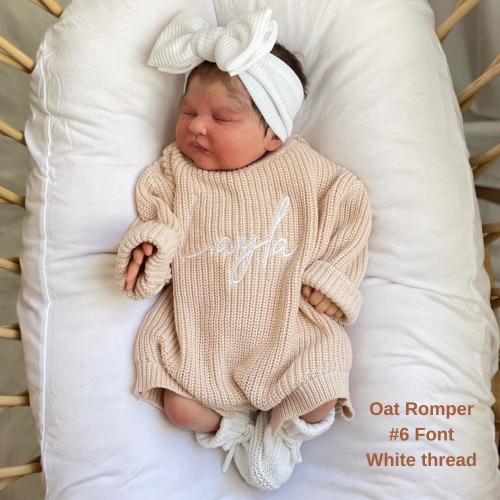 Knit baby romper embroidered birth baby announcement, oversized long sleeve, personalized embroidery, name reveal outfit, cotton baby romper