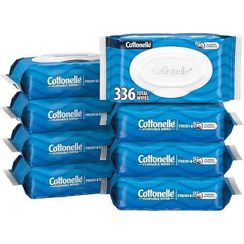 Cottonelle Fresh Feel Flushable Wet Wipes, Adult Wet Wipes, 8 Flip-Top Packs, 42 Wipes Per Pack (336 Total Wipes), Packaging May Vary
