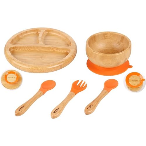 ® Bamboo Baby Plate and Bowl Set with Spoons and Fork for Babies | Bamboo Toddler Plates | Bamboo Suction Plate and Bowl Set for Babies | Baby Led Weaning Feeding Set - BPA Free - Orange