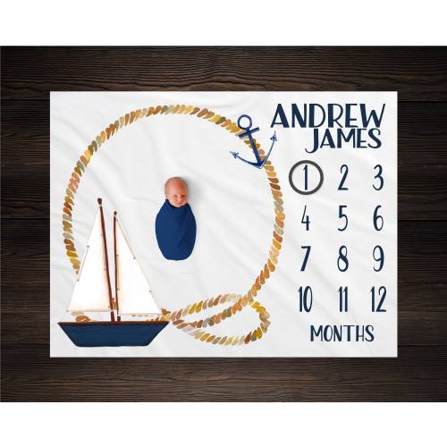 Nautical Baby Milestone Blanket Month Blanket Baby Growth Tracker Blanket Baby Shower Baby Newborn Gift Baby Boy Sail Boat Nursery BM06