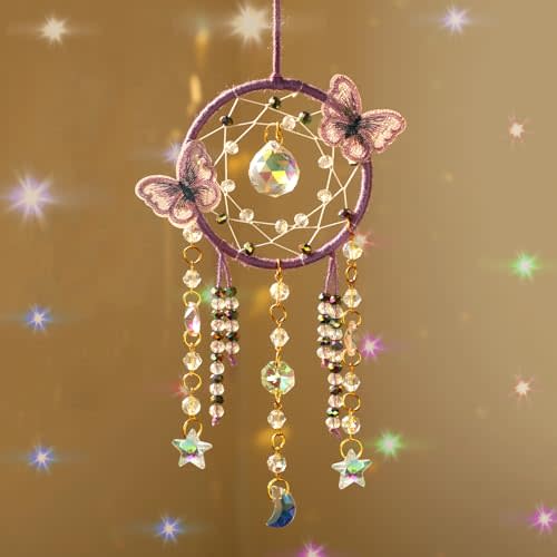Artilady Dream Catcher for Girls - Purple Butterfly Small Dream Catchers with Crystals Cute Room Decor for Teen Girls Boys Boho Bedroom Wall Home Decorations Birthday Christmas Kids Baby Gifts