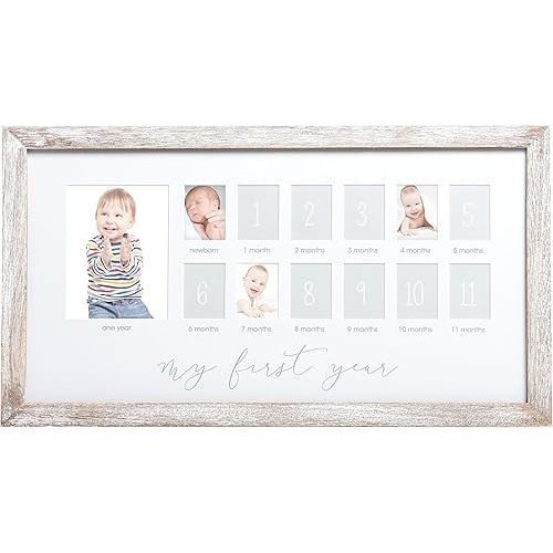 Pearhead My First Year Picture Frame, Baby's First Twelve Months Photo Collage and Gender Neutral Keepsake, Ideal for Baby Shower, New Mom Gift and Nursery Decor, Distressed Wood
