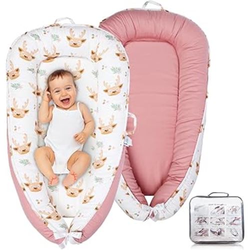 Baby Lounger – Infant Lounger for Newborn 0–24 Months, Baby Nest Lounger, Portable Newborn Lounger, Soft Breathable Cotton, Essentials for Babies at Home and Travel,Pink