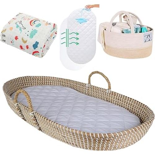 ZEAL'N LIFE Baby Changing Basket Set – Handwoven Moses Basket for Newborns with Waterproof Pad, Diaper Caddy, and Baby Towel – Stylish Dresser Top Changing Station - Nursery Gift for Newborns