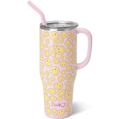 Swig Life 40oz Mega Mug, 40 oz Tumbler with Handle and Straw, Cup Holder Friendly, Dishwasher Safe, Extra Large Insulated Tumbler, Stainless Steel Water Tumbler (Oh Happy Day)