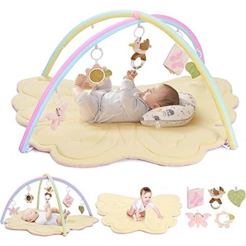 2PM SPORTS Pink Butterfly Theme Baby Play Mat, Tummy Time Play Mat for Infant Newborn, Baby Play Gyms & Playmats for Girl 0-6 6-12 Months, Activity Gym 5 Detachable Toys,Gimnasio para Bebes 0-12 Meses