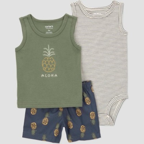 Carter's Just One You® Baby Boys' Pineapple Top & Bottom Set - Green 9M: Cotton Tank, Bodysuit, Pull-On Shorts, Stripes