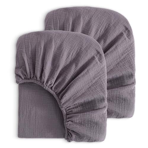 NTBAY 2 Pack Muslin Cotton Mini Crib Sheets, Soft and Breathable Double Layer 24x38 Baby Crib Sheets for Mini Crib and Toddler Mattresses, Boys, Girls, Unisex, Greyish Purple, 24x38 Inches