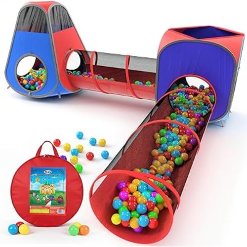 Playz 4pc Pop Up Play Tent and Tunnel Bundle for Toddlers and Kids - Indoor & Outdoor Playhouse with Storage Bag, Red & Blue