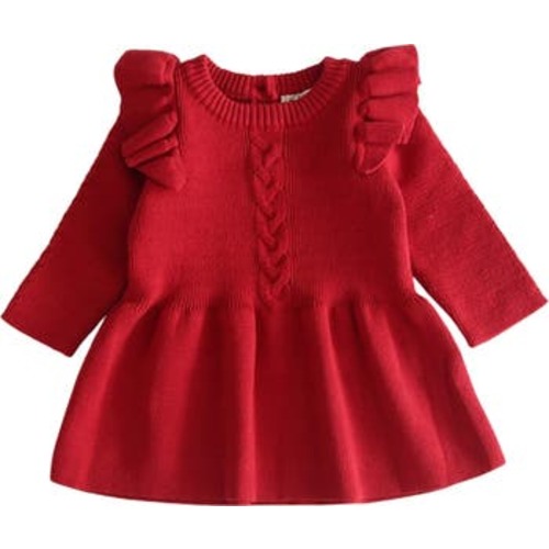 Eva Ruffle Shoulder Long Sleeve Knit Cotton Dress, 0-3M