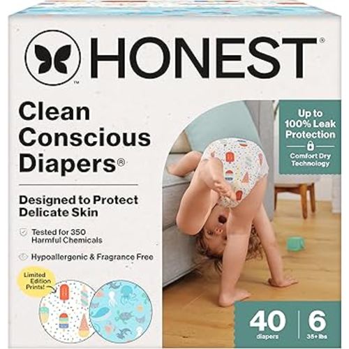 The Honest Company Clean Conscious Diapers for Delicate Skin | Up to 100% Leakproof | Hypoallergenic, Fragrance Free | Summer '25 Limited Edition Prints | Club Box, Size 6 (35+ lbs), 40 Count
