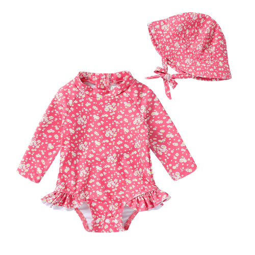 Younger Tree Infant Baby Girl One-Piece Swimsuit Long Sleeve Rash Guard Swimwear Hat Bathing Suit Set for 3-6 Months