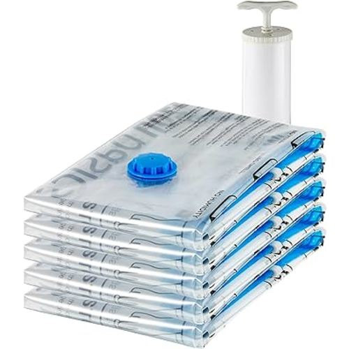 Amazon Basics Vacuum Compression Zipper Storage Bags with Hand Pump, Large, Pack of 5, Clear