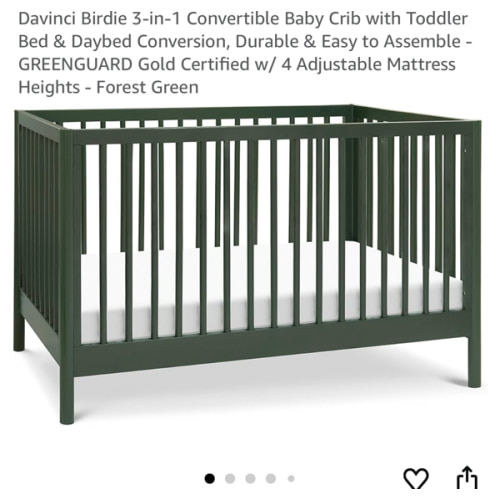 Davinci Birdie 3-in-1 Convertible Baby Crib with Toddler Bed & Daybed Conversion, Durable & Easy to Assemble - GREENGUARD Gold Certified w/ 4 Adjustable Mattress Heights - Forest Green
