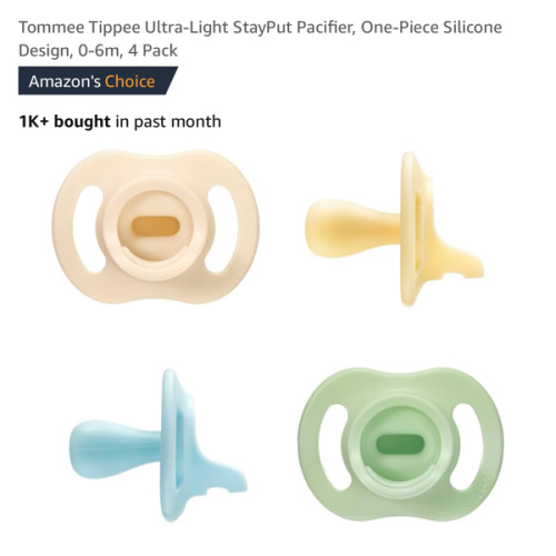 Tommee Tippee Ultra-Light StayPut Pacifier, One-Piece Silicone Design, 0-6m, 4 Pack