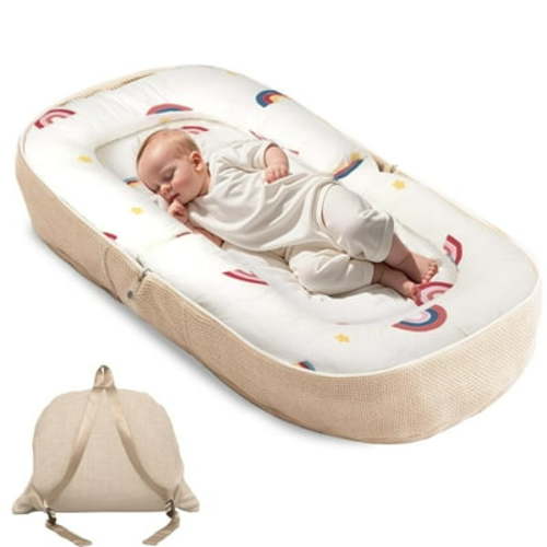 Baby Lounger, Foldable Infant Nest Pillow with Memory Foam Mat, Patterned Cover, Converts to Backpack, 0-12 Months