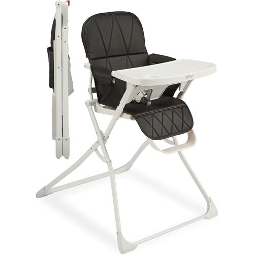 Primo PopUp Folding High Chair for Baby Age 6 to 36 Months - Black Folding Beach Style High Chair with Removable Dishwasher Safe Tray, 3pt Safety Harness, Leatherette Seat - Space Saving Design