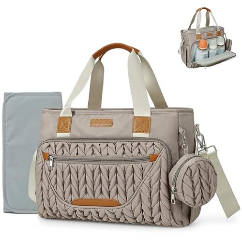 Diaper Bag Tote, Crossbody Diaper Bag for Labor & Delivery, 16 Pockets 5 Insulated, Waterproof Lightweight Baby Bag with Changing Pad & Pacifier Case, Travel Mom Tote (Brown Taupe)