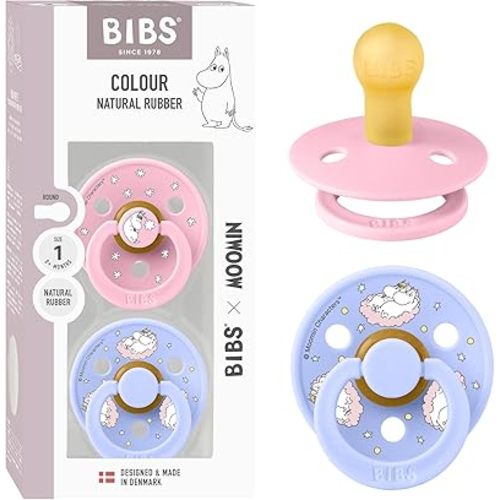 BIBS Colour Moomins Pacifier 2-Pack, BPA Free Pacifier, Round Nipple. Natural Rubber Latex, Made in Denmark, Size 1 (0-6 Months), Baby Pink/Hush