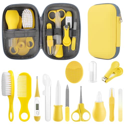 Baby Grooming Kit, Infant Safety Care Set with Hair Brush Comb Nail Clipper Nasal Aspirator,Baby Essentials Kit for Newborn Girls Boys (Yellow)