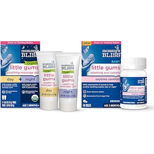 Mommy's Bliss Organic Little Gums Soothing Massage Gel & Oral Tablets Day and Night Combo, Age 2 Months+, Sugar Free, Mild & Sweet Flavor| 2-0.53 Oz Tubes + 1 Bottle (140 Tablets)