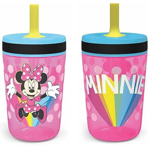 Zak Designs Disney Kelso Tumbler 15 oz Set (Minnie Mouse) Leak-Proof Screw-On Lid with Straw, Made of Durable Plastic and Silicone, Perfect Bundle for Kids