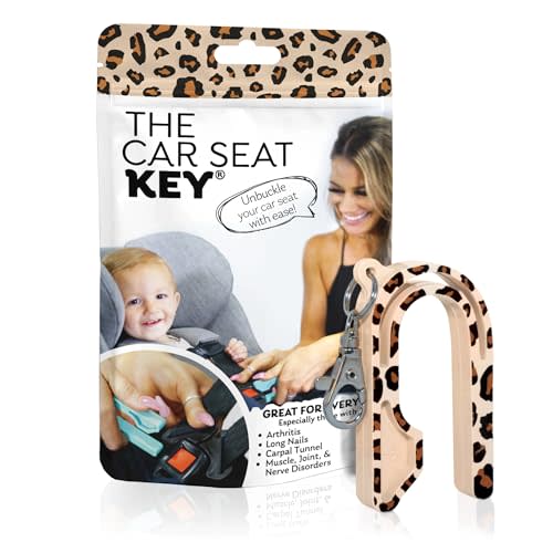 The Car Seat Key - Original Car Seat Key Chain Buckle Release Tool - Easy Unbuckle Opener Aid for Nails, Parents, Grandparents & Older Children by NAMRA Made in USA (1 Pack, Leopard)