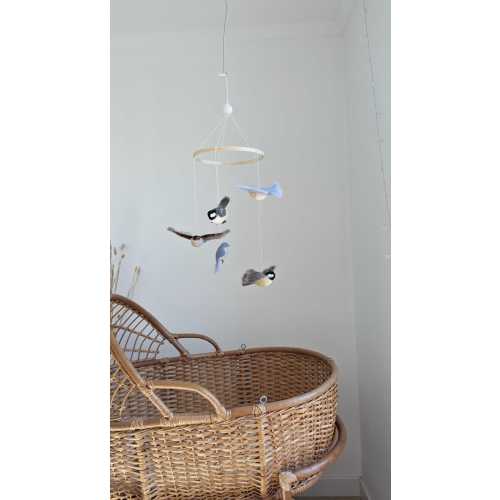 Needle Felted Wren, Bluebird & Chickadee Baby Mobile: Natural Wool Nursery Decor