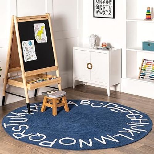 Kids Washable Round Alphabet Area Rug, Navy