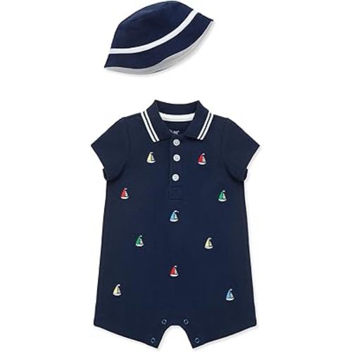 Little Me Clothes for Baby Boys' Soft Cotton Short Sleeve Romper Shirt and Coordinating Hat Set, 3 to 12 Months