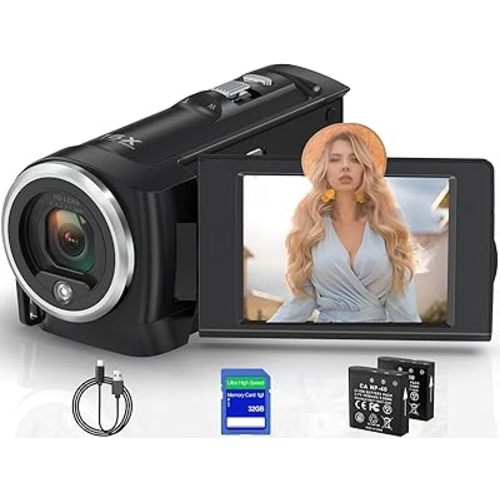 Camcorder Video Camera QHD 2.7K 56MP 16X Digital Zoom Vlogging Camera with LED Fill Light for YouTube, 2.8 Inch 270 Degree Rotation LCD Screen Camcorder with 32GB SD Card and Two Batteries