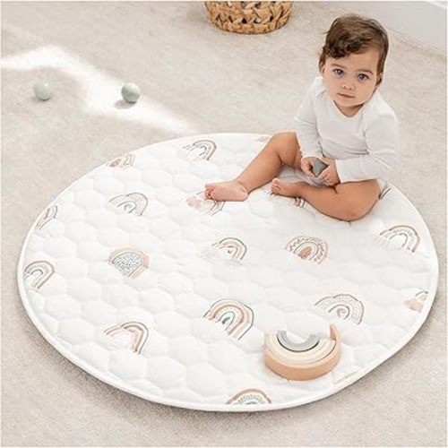 Comfy Cubs Round Kids Play Mat -Small 36 inches Soft Quilted Baby Floor Mat with Non-Slip Bottom - Plush Design for Toddlers' Playtime and Relaxation - Comfortable and Durable - Rainbow