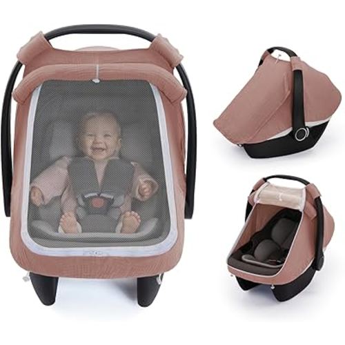 Blissful Diary Baby Car Seat Cover, Extra Large Mesh Window, Breathable Muslin Cotton, Infant Windproof Canopy-Dusty Pink
