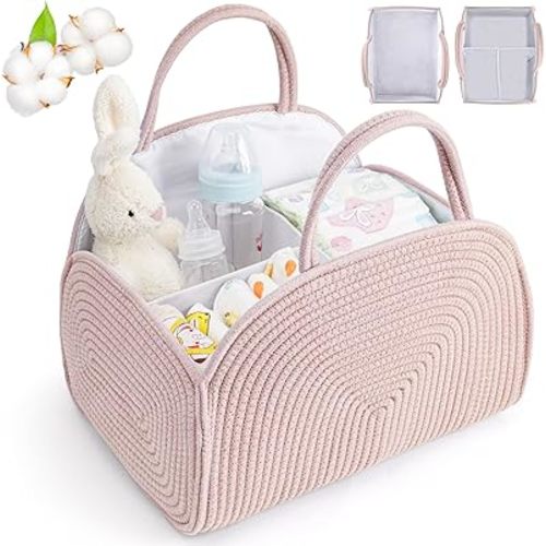 Diaper Caddy Organizer for Baby, Cotton Rope Baby Gift Basket,Portable Diaper Organizer for Changing Table,Diapers Nursery Storage Organizer for Travel,Camping,Darkpink Baby Shower Gifts for Newborn