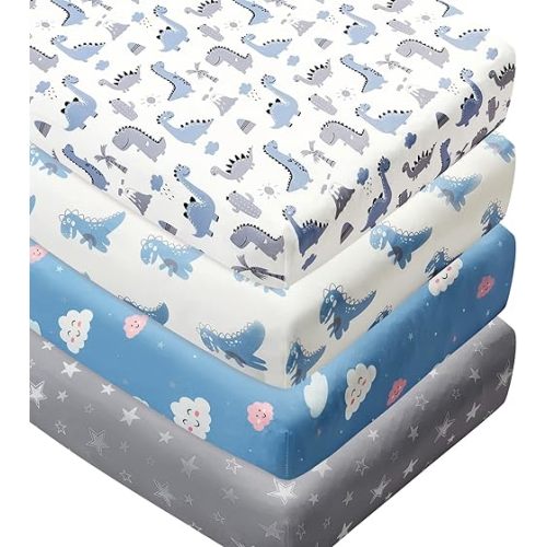 4 Pack Soft Baby Boy Crib Sheets for Standard Crib Mattress Dinosaur Star Cloud Soft Polyester Neutral Unisex Fitted Crib Sheets Set for Baby Boys