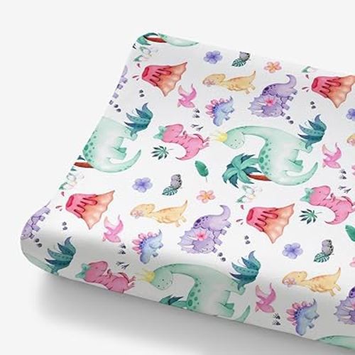 Girls Dinosaur Changing Pad Cover for Baby Pink Purple, Dino Animal Tropical Diaper Change Table Covers, Ultra Soft Stretchy Breathable Safe Snug Fitted Changing Mat Sheets Fit 32"/34" x 16"