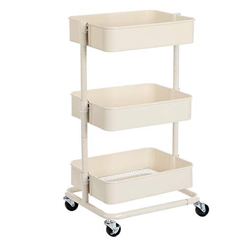 SONGMICS 3-Tier Metal Rolling Cart, Utility Cart, Kitchen Cart with Adjustable Shelves, Storage Trolley with 2 Brakes, Easy Assembly, for Kitchen, Office, Bathroom, Beige UBSC60WT