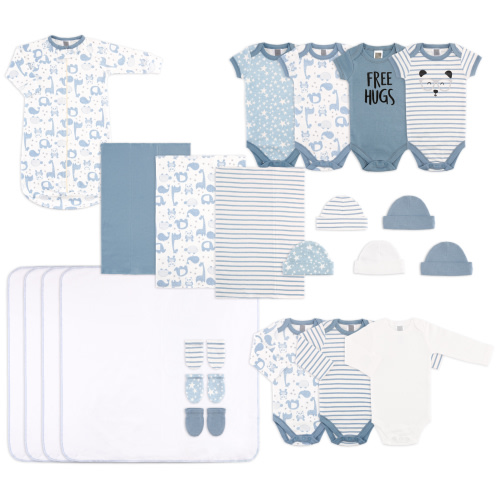 The Peanutshell Newborn Layette Gift Set for Baby Boys or Girls, 23 Piece Essentials, Blue Stars, Stripes, and Animals, 0-3 Months